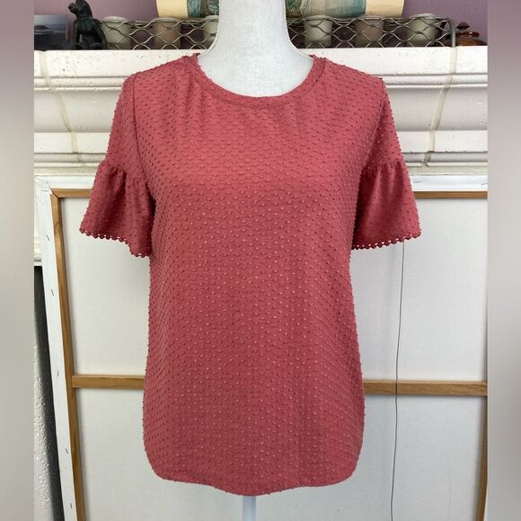 W5 beautiful Swiss dot top w/flounced sleeves w/dot crochet lace trim - Picture 3 of 6